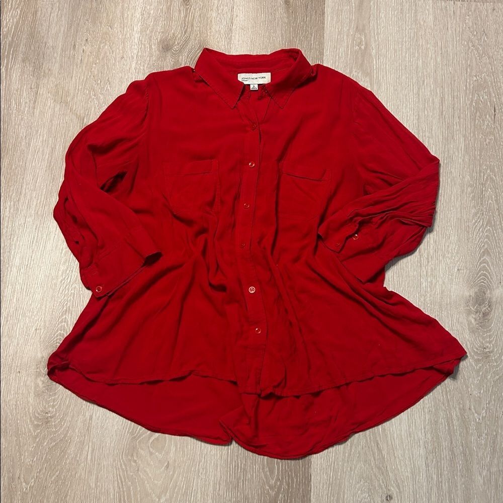 Jones New York Red Oversized Pleated Back Flowy Button Up Blouse